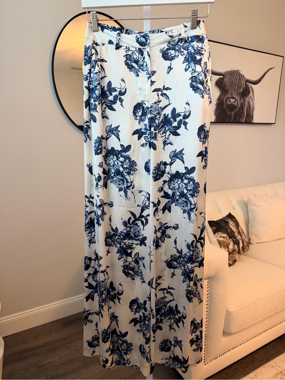 L'AGENCE White and Blue Floral Wide-Leg Pants